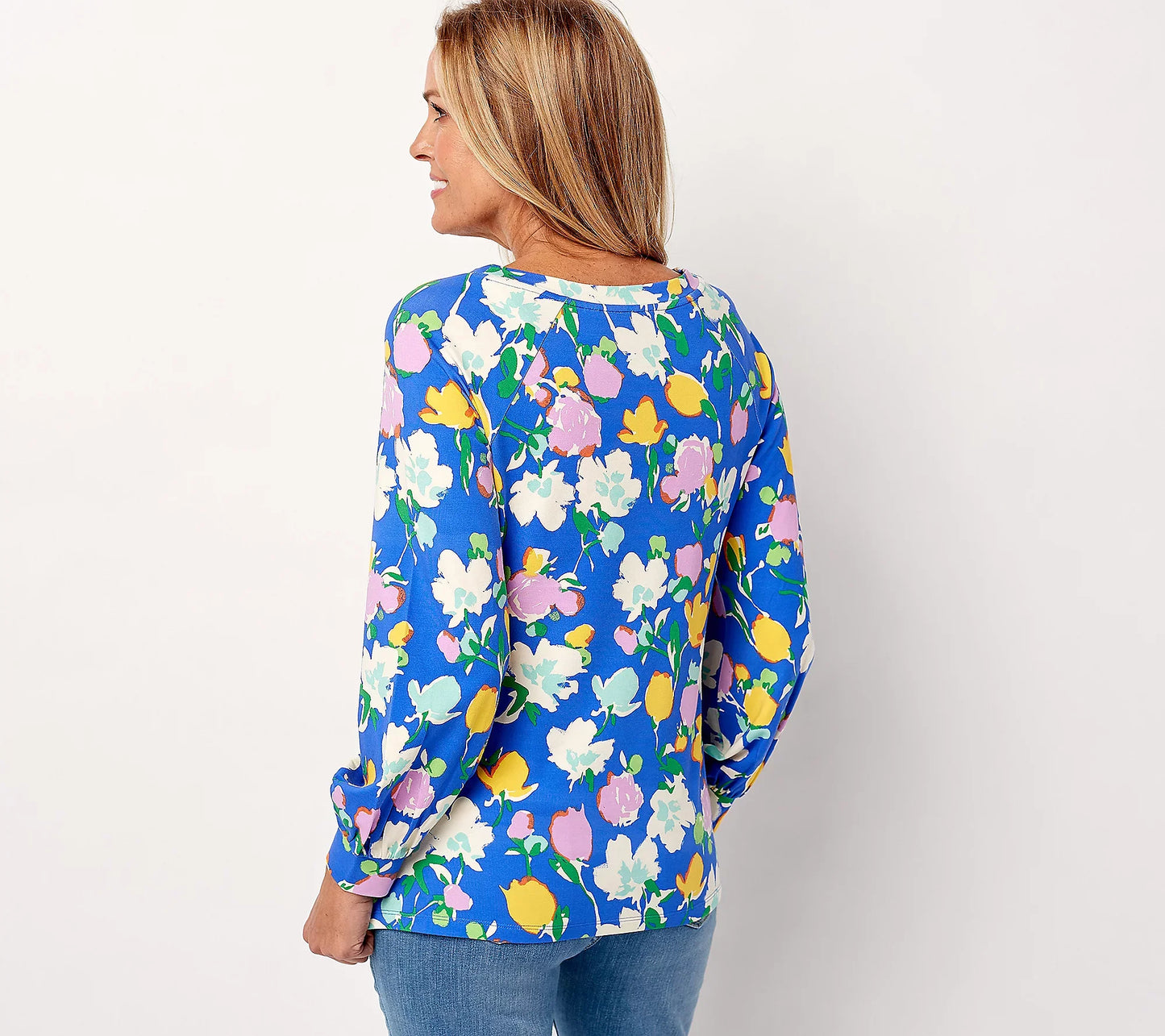 Issac Mizrahi Live! Women’s Floral Printed Top w/Boat-Neck & Sleeve Cuff
