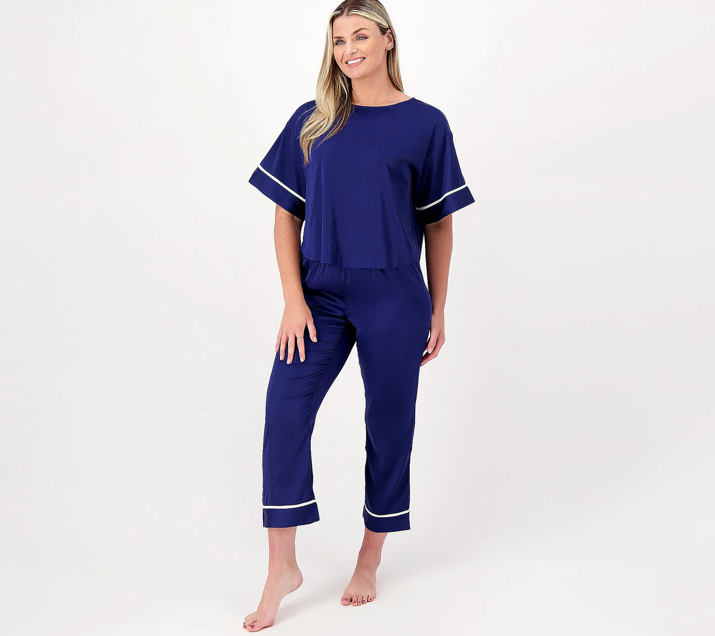 Breezies Women’s Lounge Stretch Satin Short Sleeve Sleep Set- Eclipse