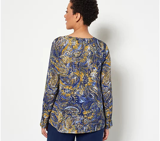 Denim & Co. Paisley Print V-Neck Button Front Women's Top