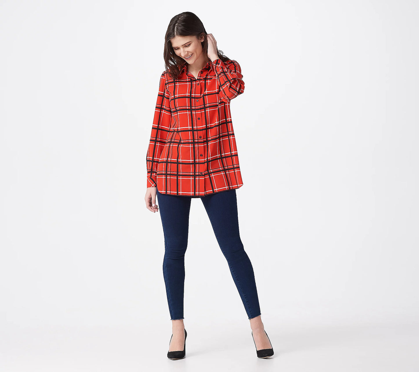 Susan Graver Women’s Printed Stretch Woven Button Front Tunic Shirt
