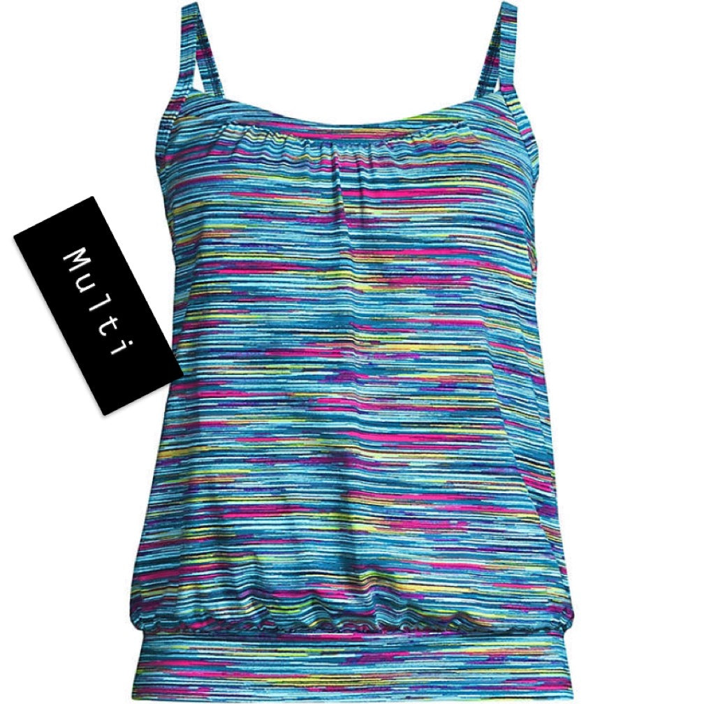 Land’s End Women's Petite Chlorine Resistant Blouson Tummy Hiding Tankini Swimsuit Top Adjustable Straps