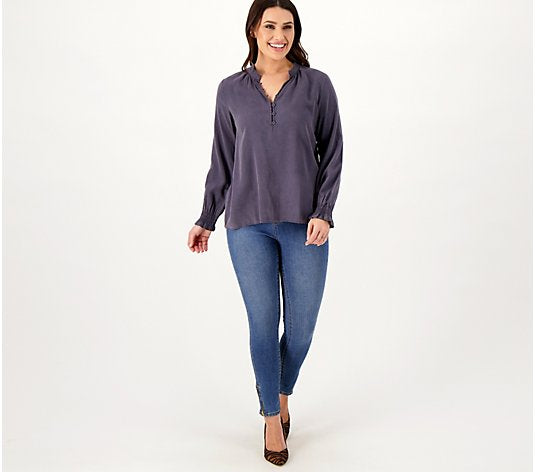 Side Stitch Women’s Half Placket Pullover Swing Blouse- White