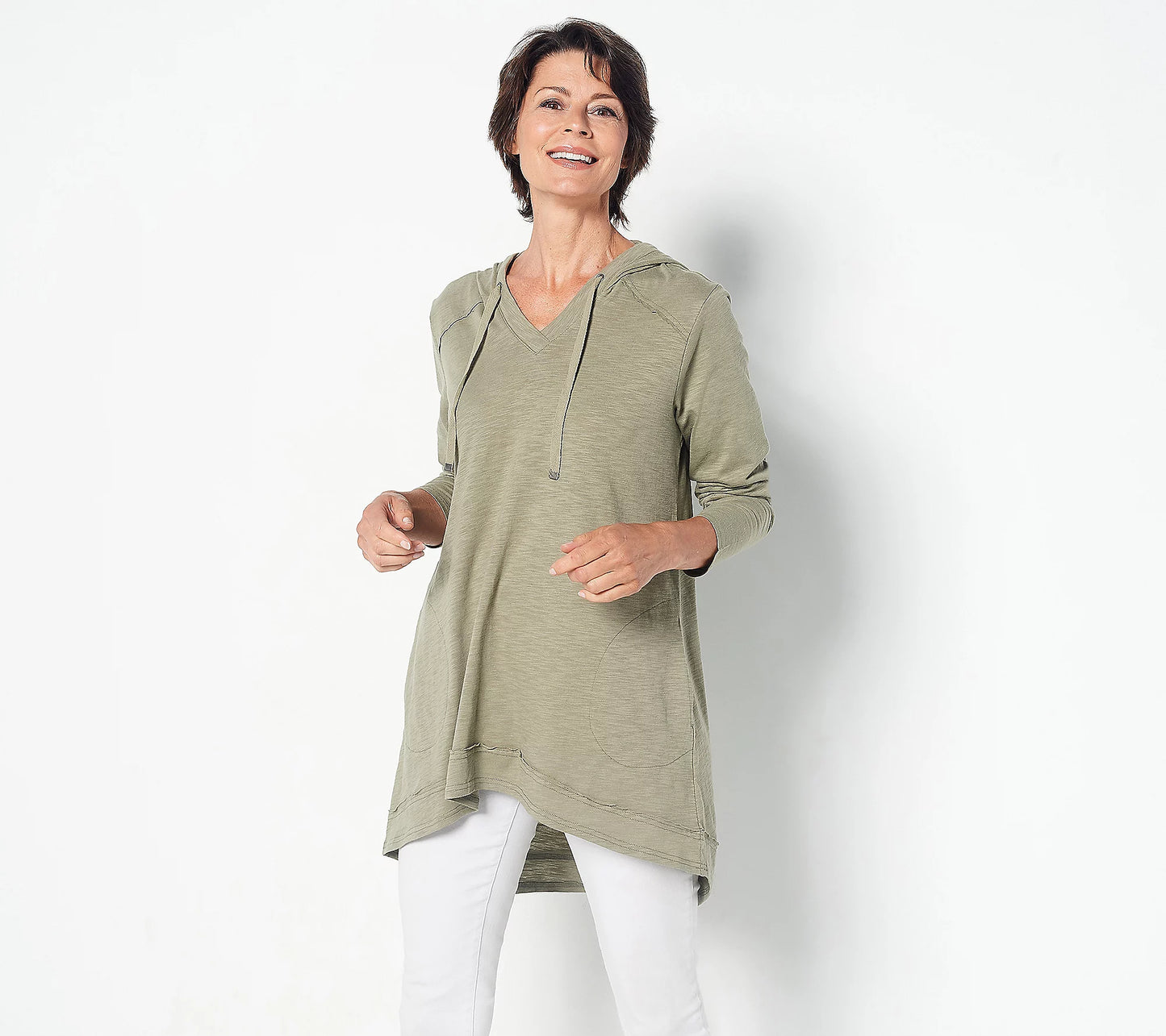 LOGO by Lori Goldstein Women’s Hooded Top with Hi-Low Hem and Back Slit