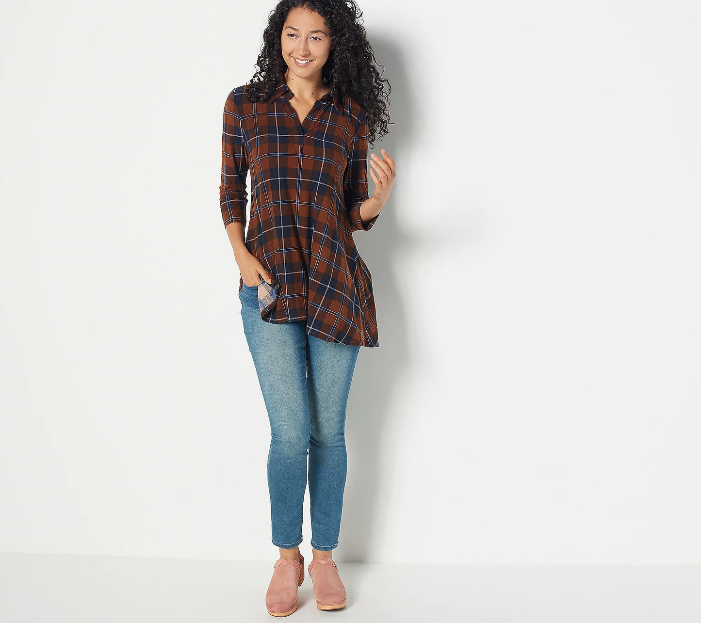 Attitudes by Renee Women’s Regular Yummy Jersey Collared Plaid Tunic