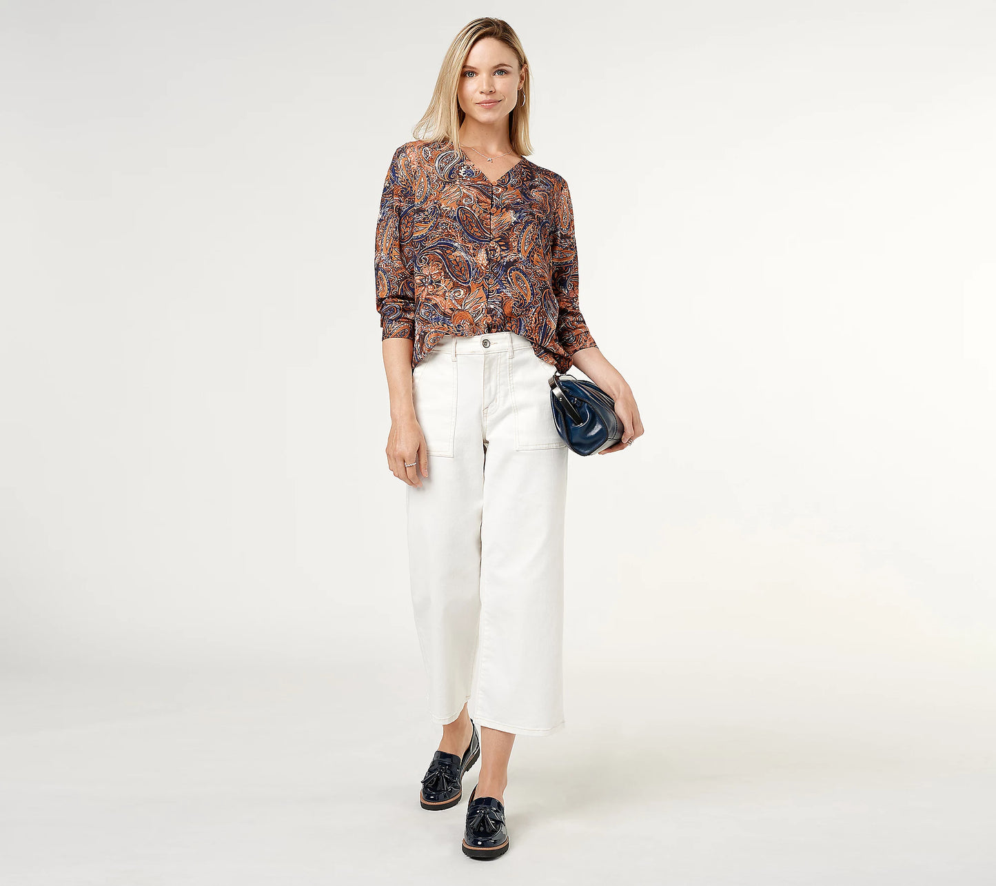 Denim & Co. Paisley Print V-Neck Button Front Women's Top