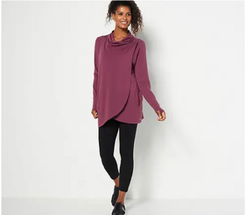 zuda Women’s Z-Knit Drape Shoulder Wrap with Snaps- Eggplant