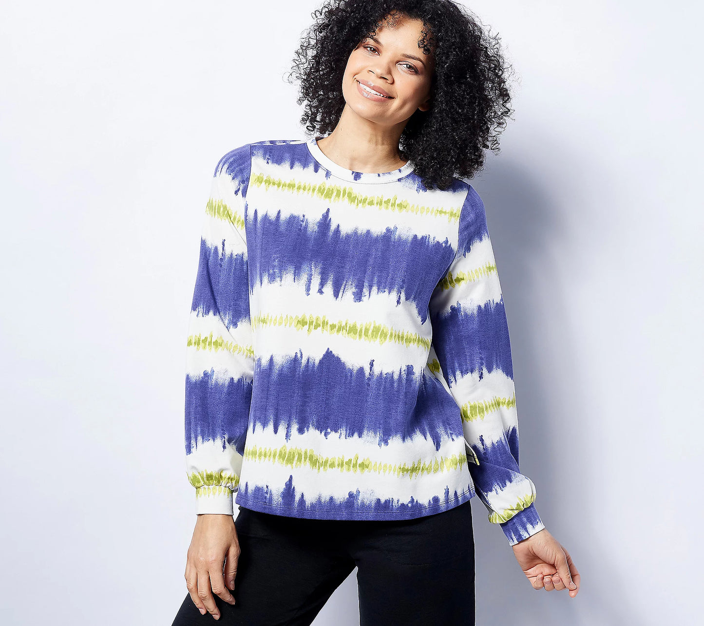 AnyBody Women’s Washed French Terry Printed Pullover Top- Wisteria TieDye