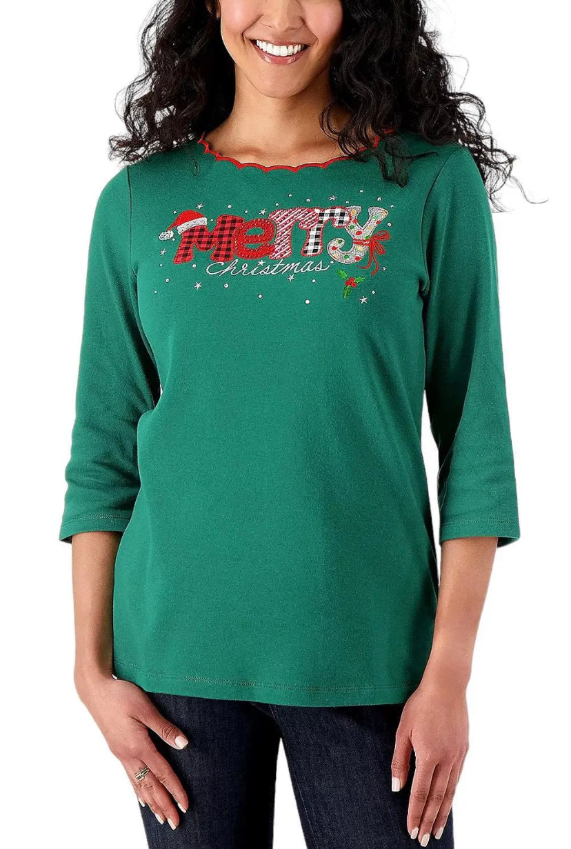 Quacker Factory Women’s Holiday 3/4-Sleeve Top with Scallop Neckline