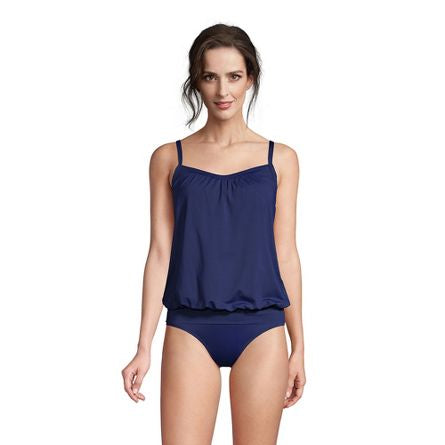 Land’s End Women's Petite Chlorine Resistant Blouson Tummy Hiding Tankini Swimsuit Top Adjustable Straps