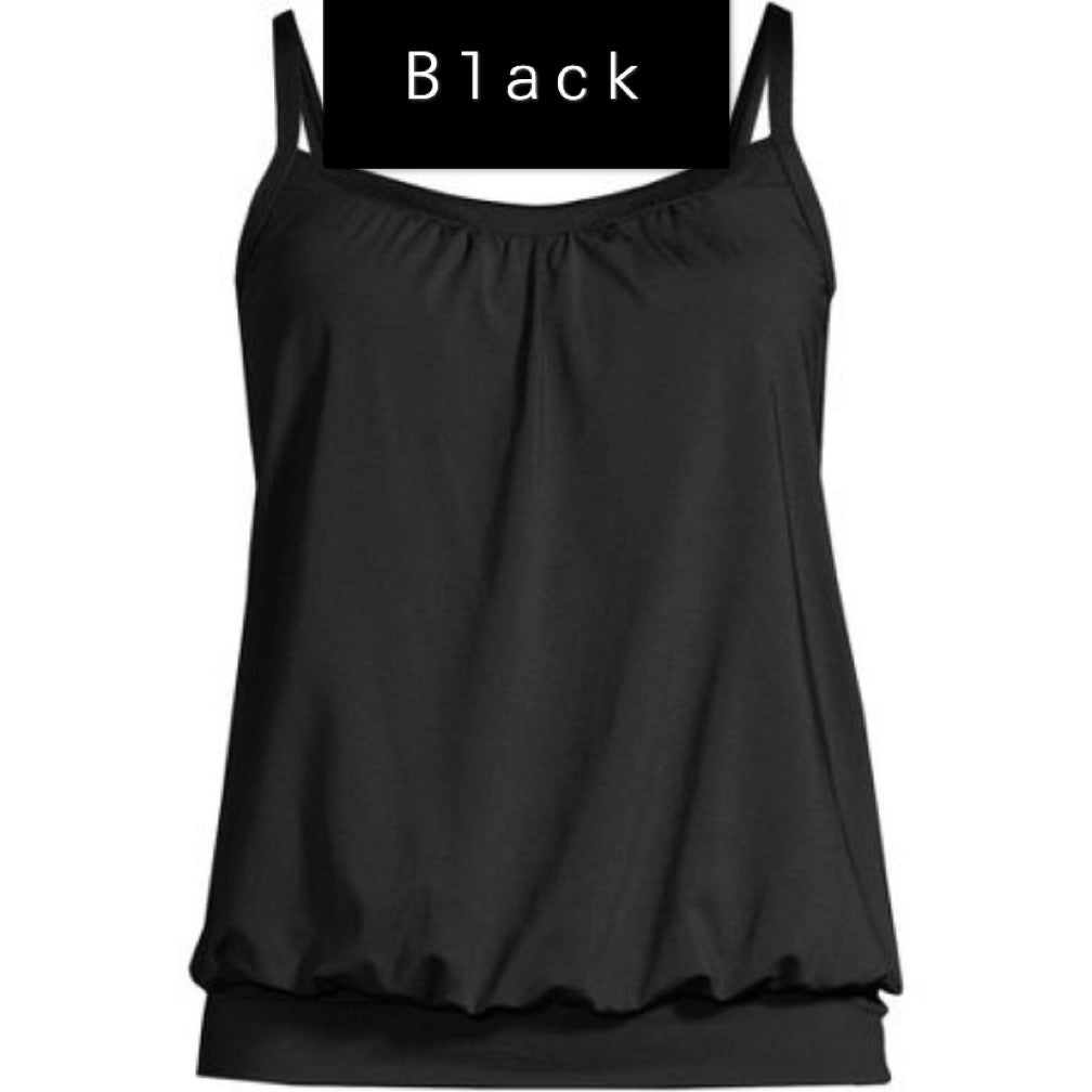 Land’s End Women's Petite Chlorine Resistant Blouson Tummy Hiding Tankini Swimsuit Top Adjustable Straps