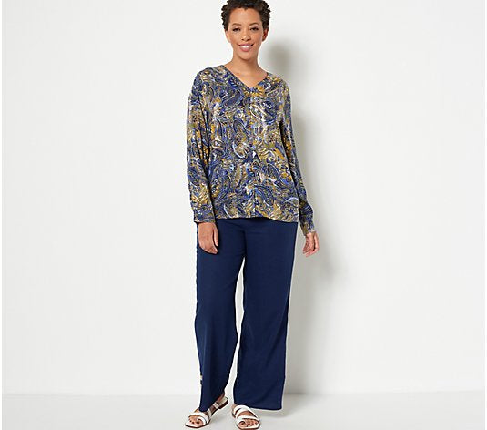 Denim & Co. Paisley Print V-Neck Button Front Women's Top