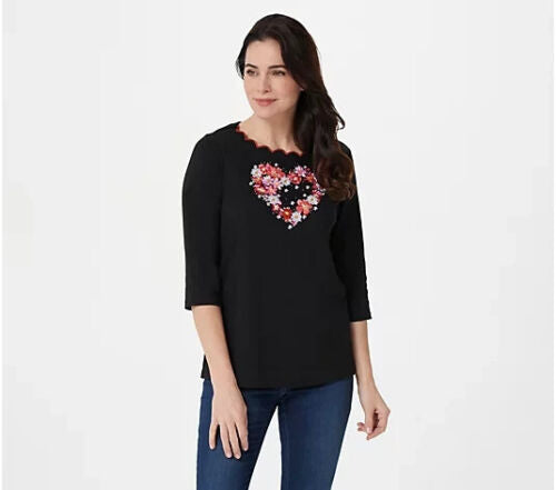 Quacker Factory Blooming Heart 3/4 Slv Scallop Trim Women's T-Shirt