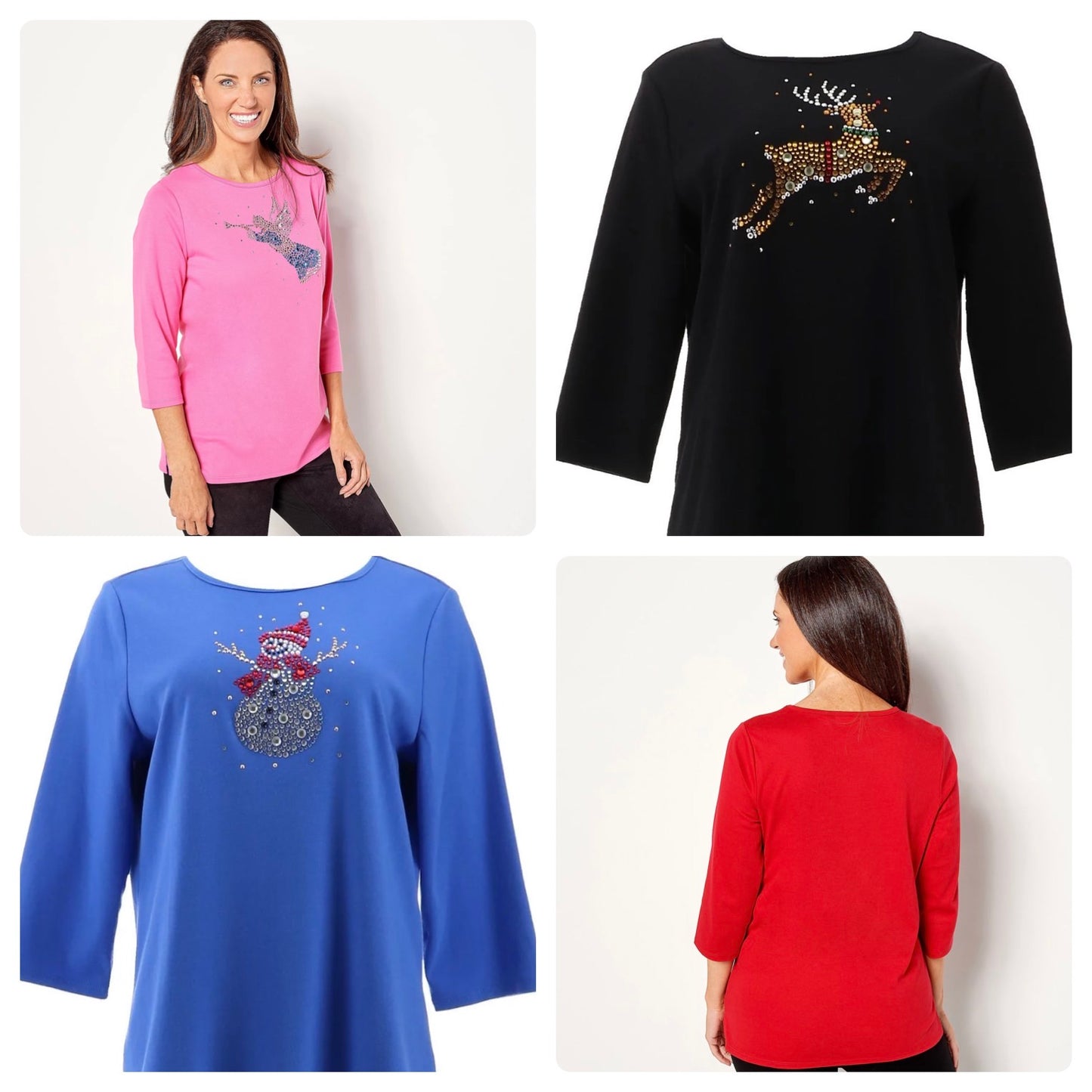 Quacker Factory Women’s Chunky Stone Holiday Motif 3/4- Sleeve Top Multi Size