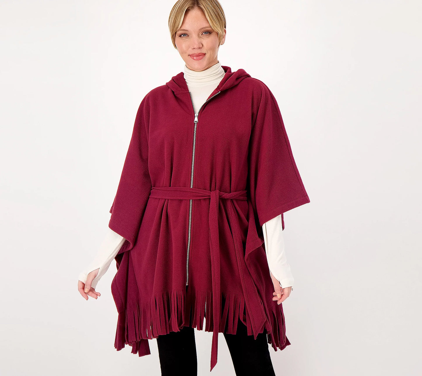 Susan Graver Weekend Women’s Fleece Hooded Poncho with Fringe