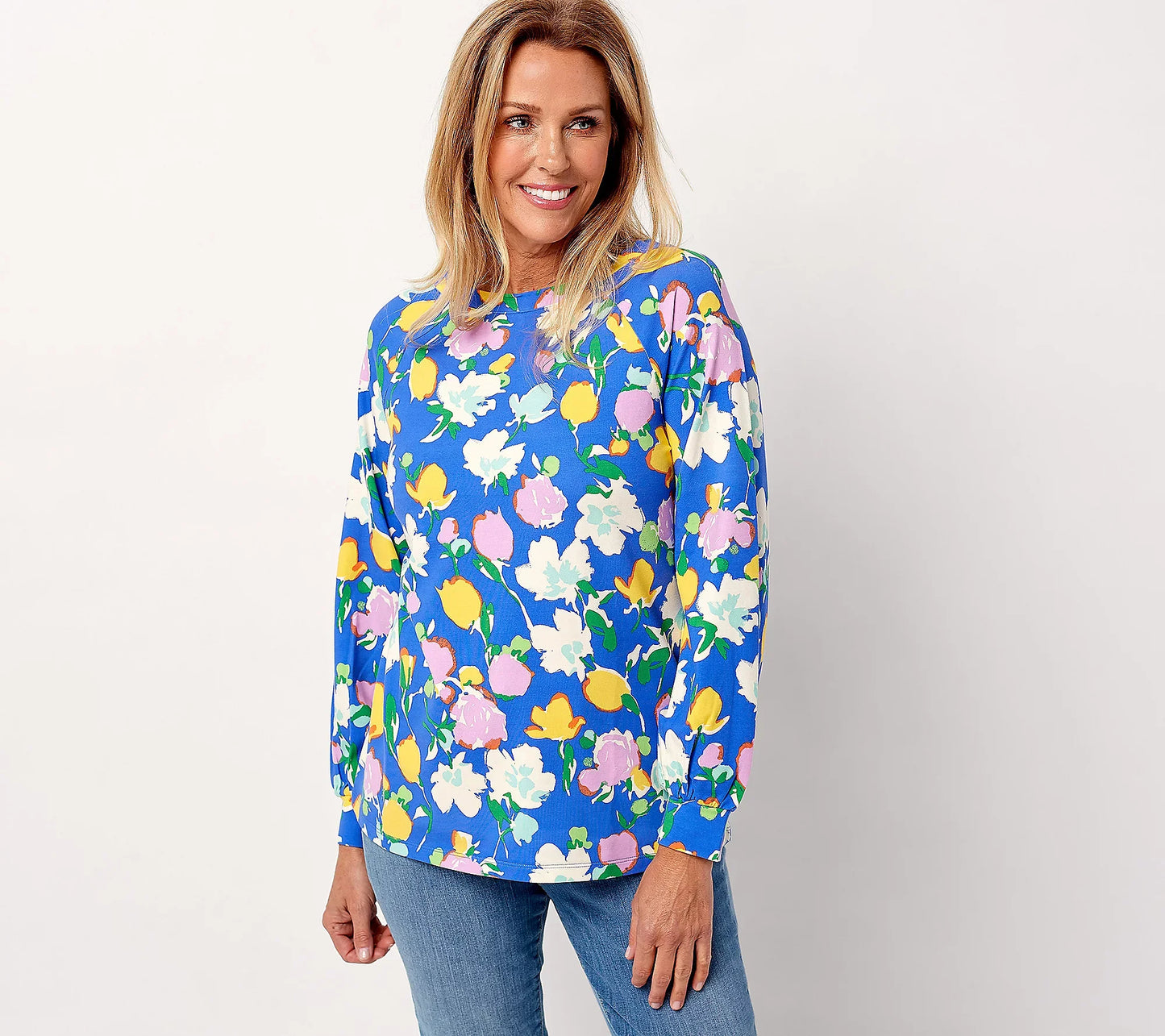 Issac Mizrahi Live! Women’s Floral Printed Top w/Boat-Neck & Sleeve Cuff