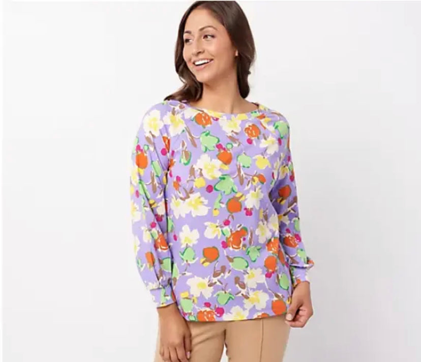 Issac Mizrahi Live! Women’s Floral Printed Top w/Boat-Neck & Sleeve Cuff