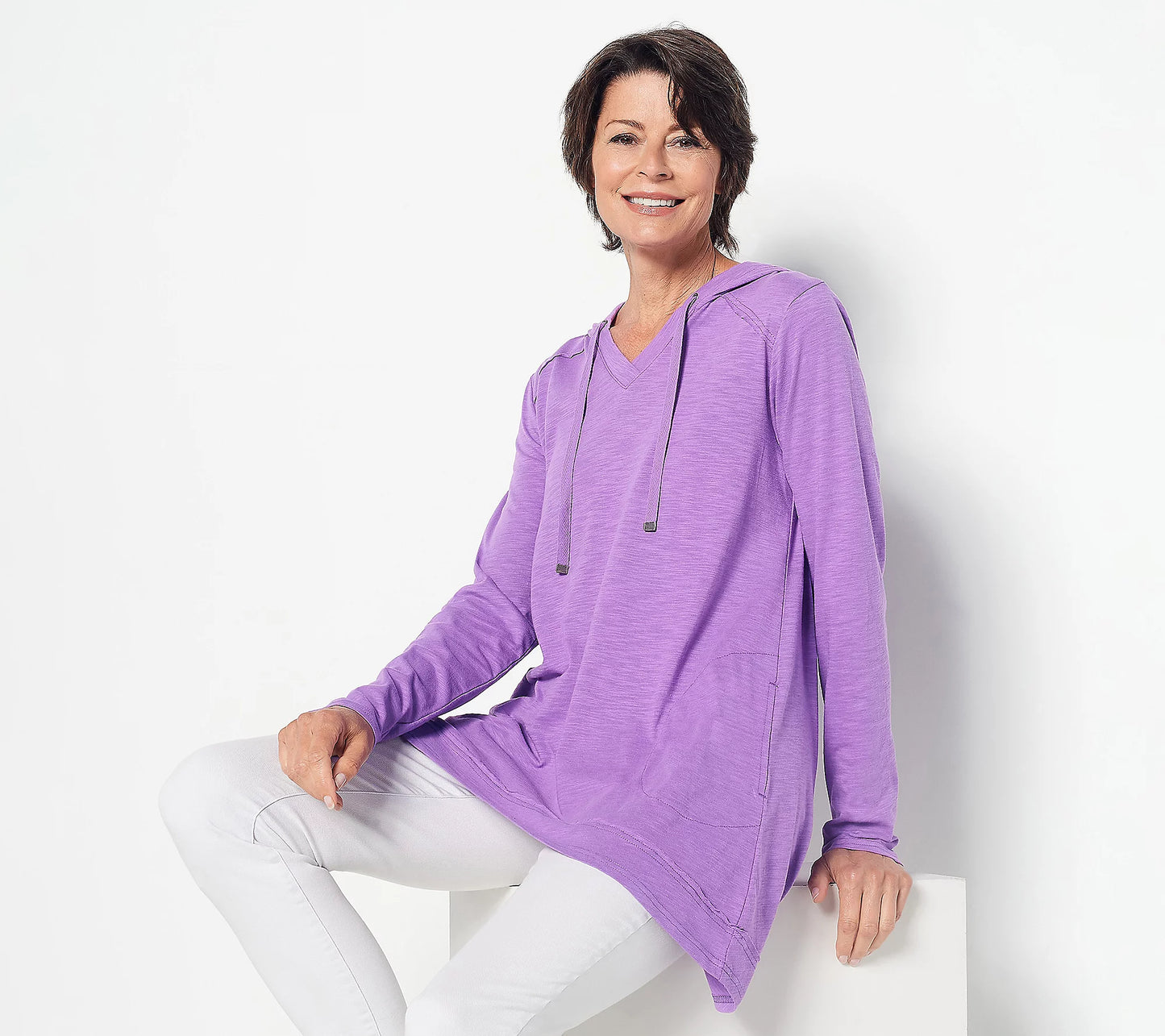 LOGO by Lori Goldstein Women’s Hooded Top with Hi-Low Hem and Back Slit