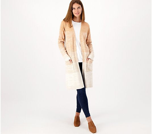 Denim & Co. Women’s Spacedye Open Front Long Sweater Cardigan- Warm Caramel