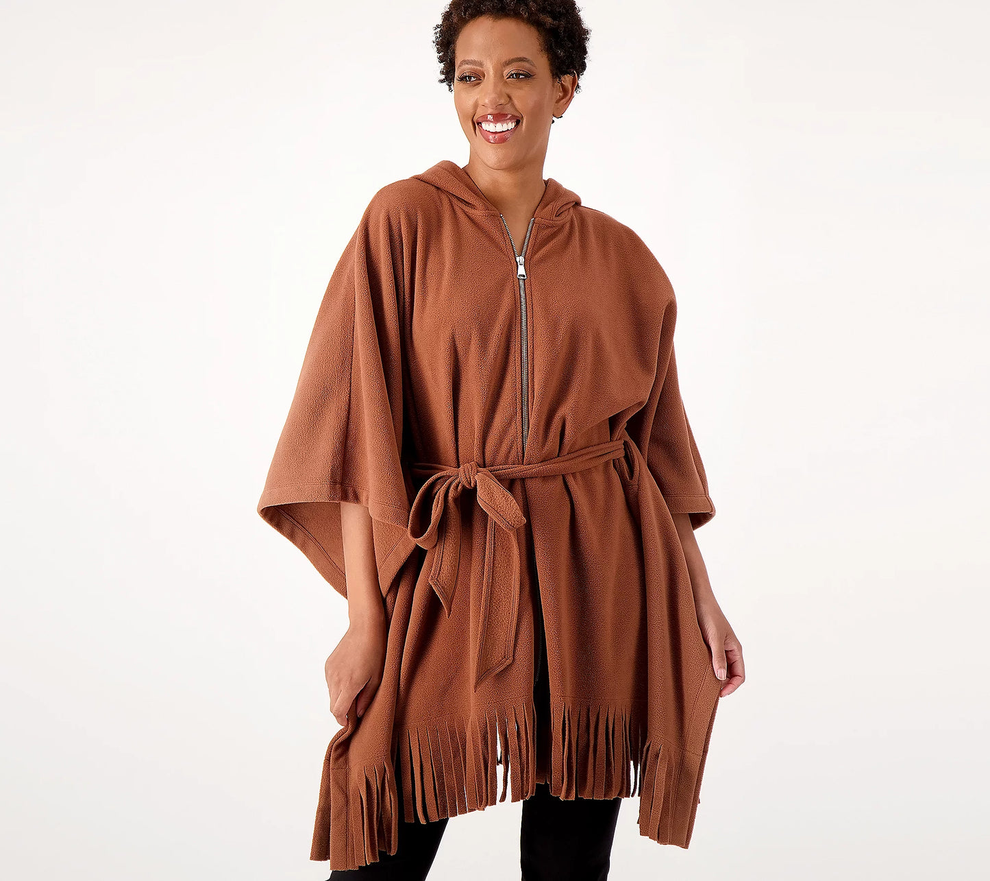 Susan Graver Weekend Women’s Fleece Hooded Poncho with Fringe
