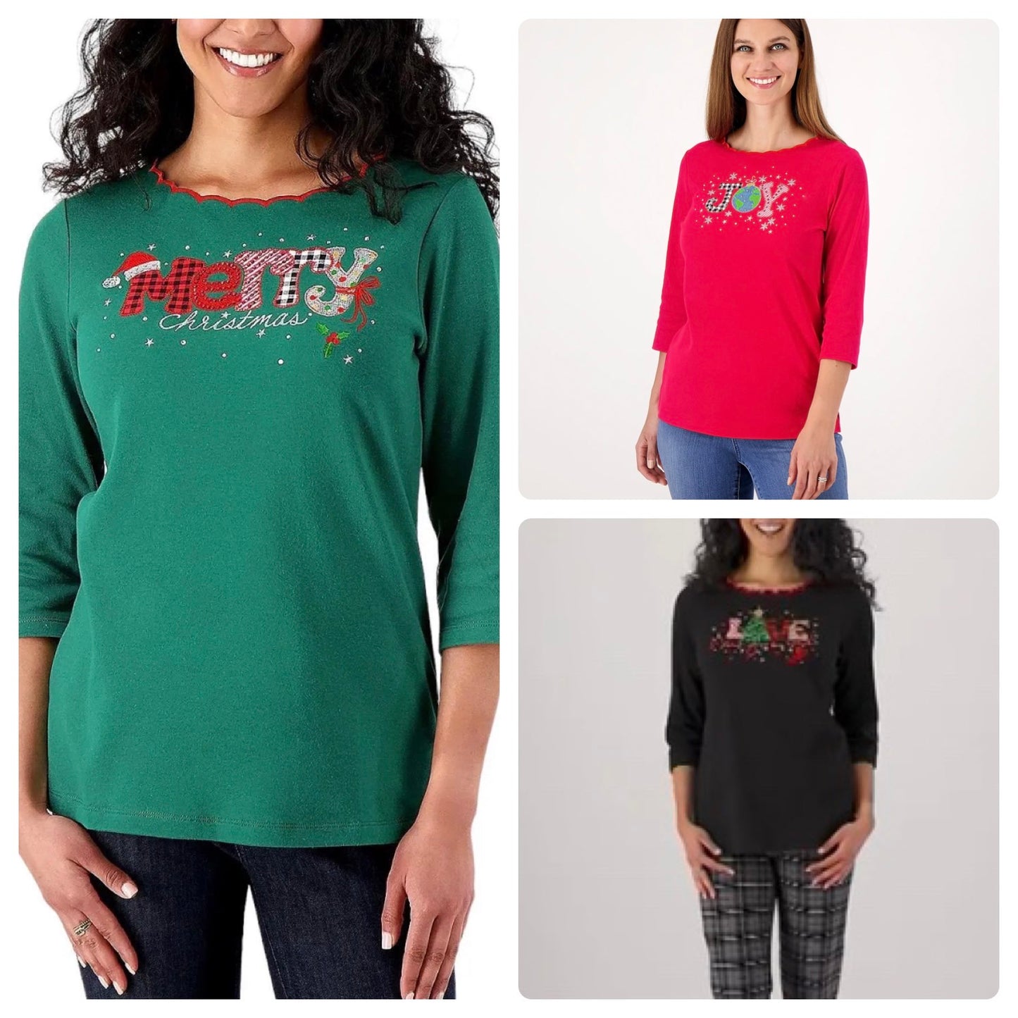 Quacker Factory Women’s Holiday 3/4-Sleeve Top with Scallop Neckline