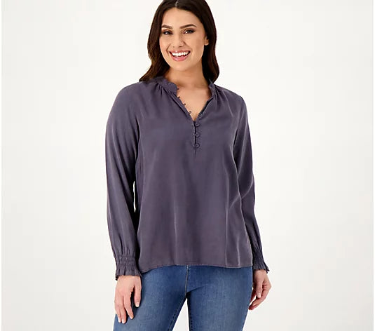 Side Stitch Women’s Half Placket Pullover Swing Blouse- White