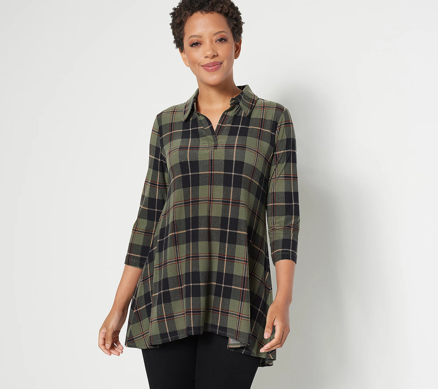 Attitudes by Renee Women’s Regular Yummy Jersey Collared Plaid Tunic