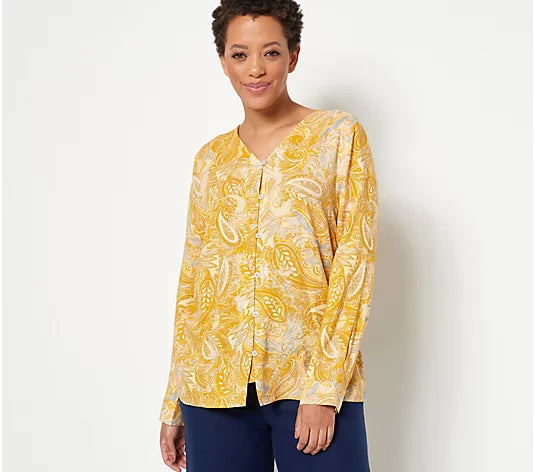 Denim & Co. Paisley Print V-Neck Button Front Women's Top