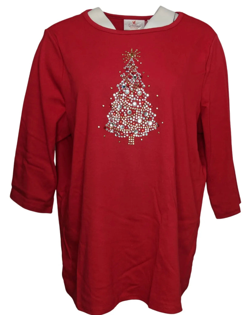 Quacker Factory Women’s Chunky Stone Holiday Motif 3/4- Sleeve Top Multi Size