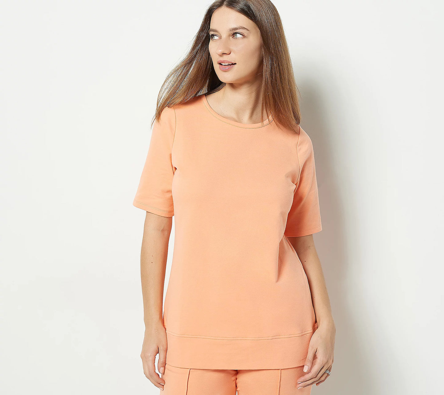 Sport Savvy Women’s French Terry Round Neck Elbow Sleeve Tunic- Melon