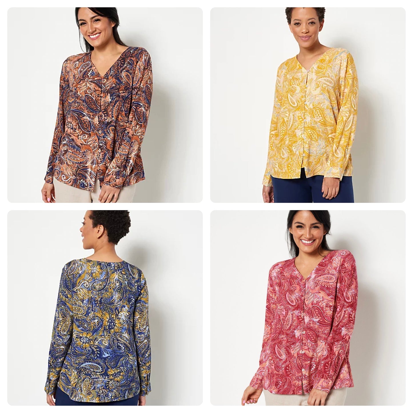 Denim & Co. Paisley Print V-Neck Button Front Women's Top