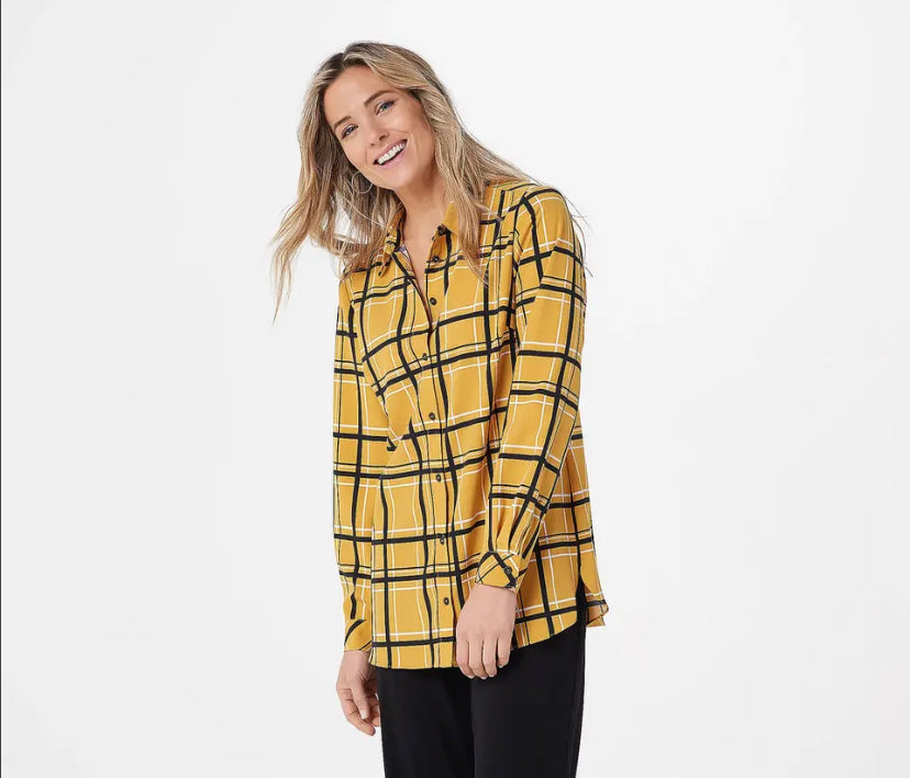 Susan Graver Women’s Printed Stretch Woven Button Front Tunic Shirt