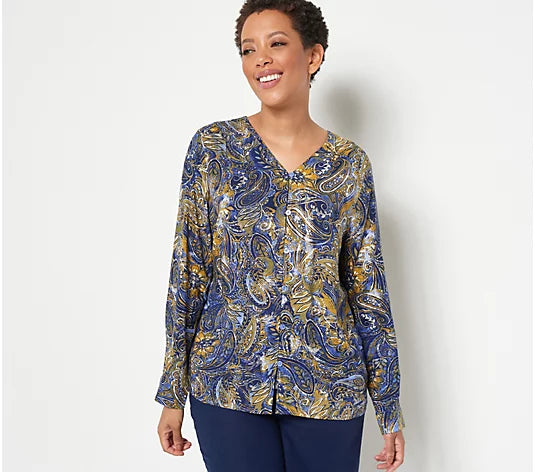 Denim & Co. Paisley Print V-Neck Button Front Women's Top