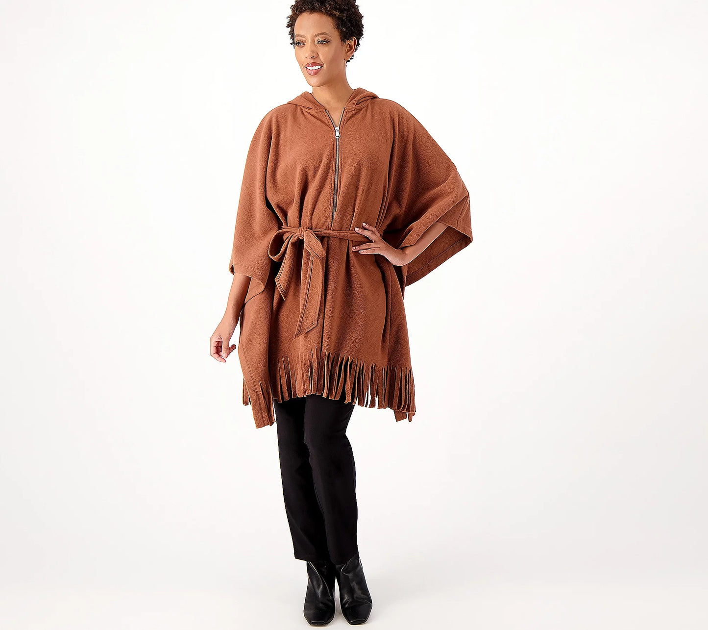 Susan Graver Weekend Women’s Fleece Hooded Poncho with Fringe