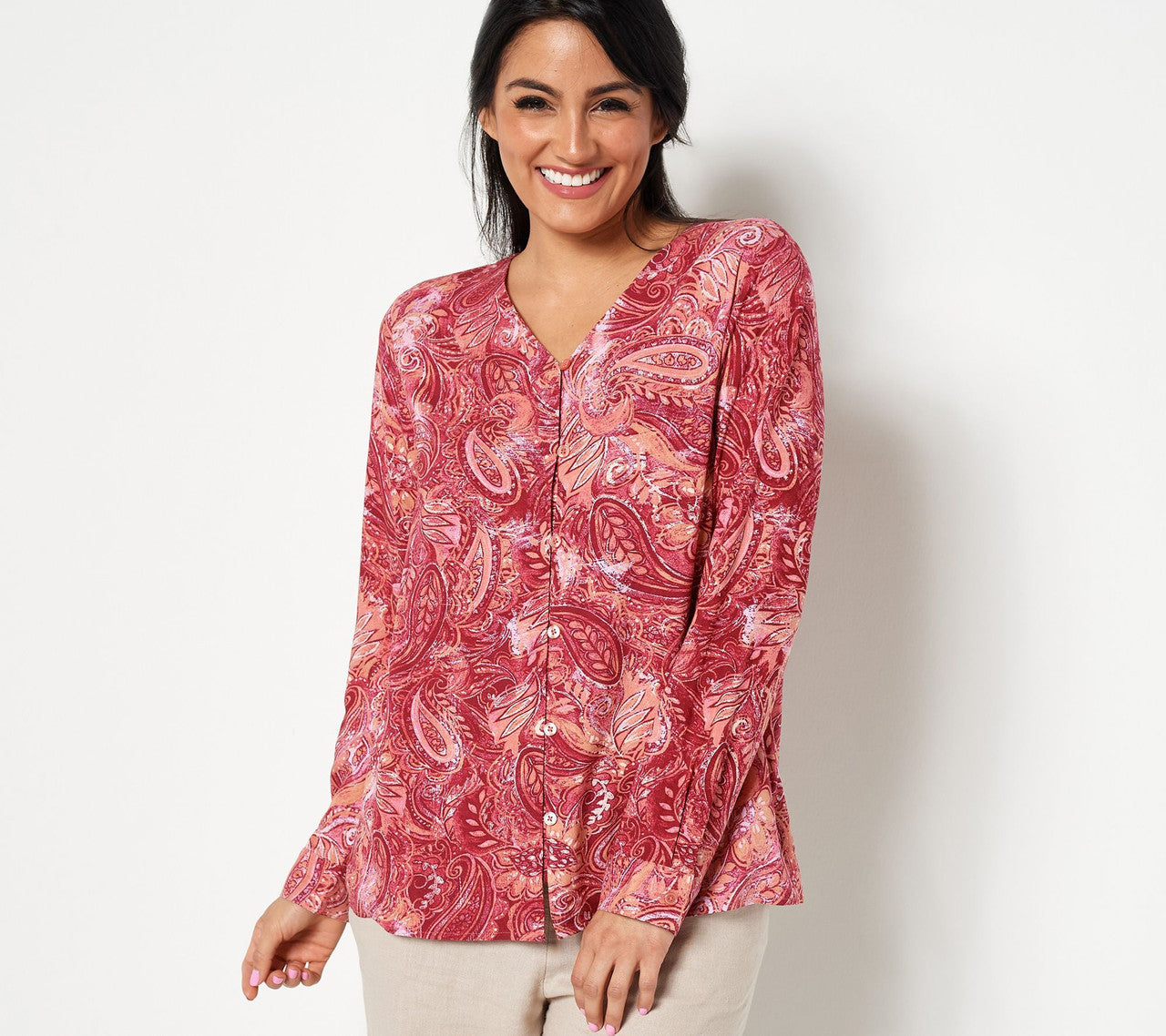 Denim & Co. Paisley Print V-Neck Button Front Women's Top