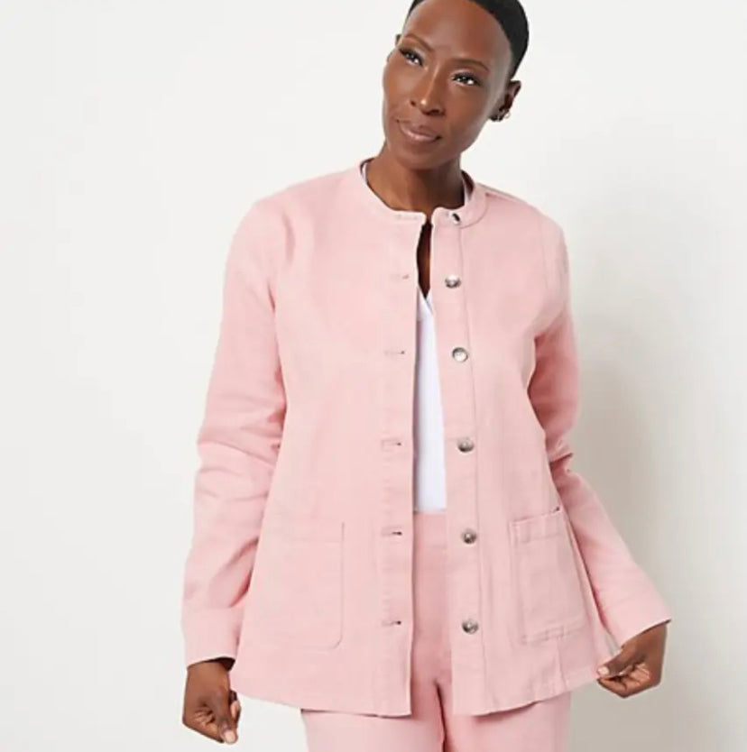 Isaac Mizrahi Live! Women’s True Denim Long Line Denim Jacket- Cheeky Pink