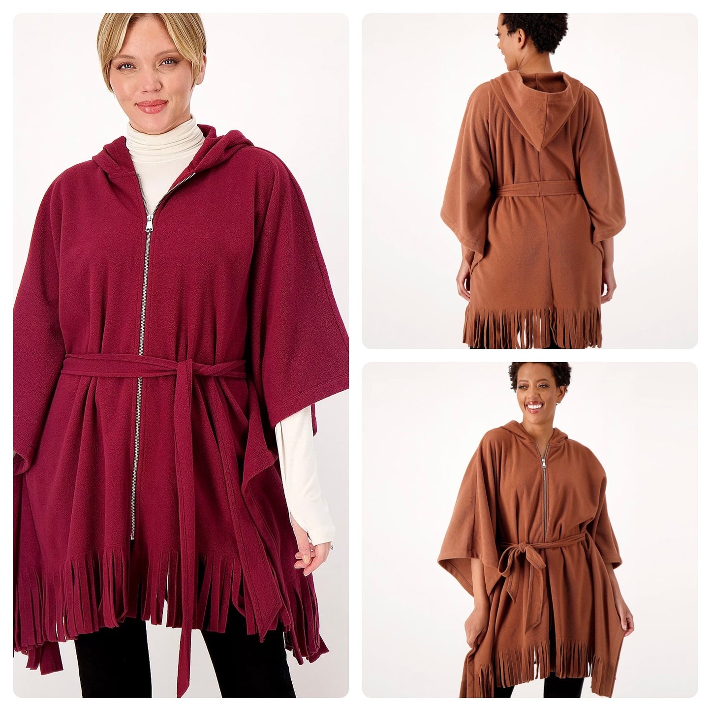 Susan Graver Weekend Women’s Fleece Hooded Poncho with Fringe