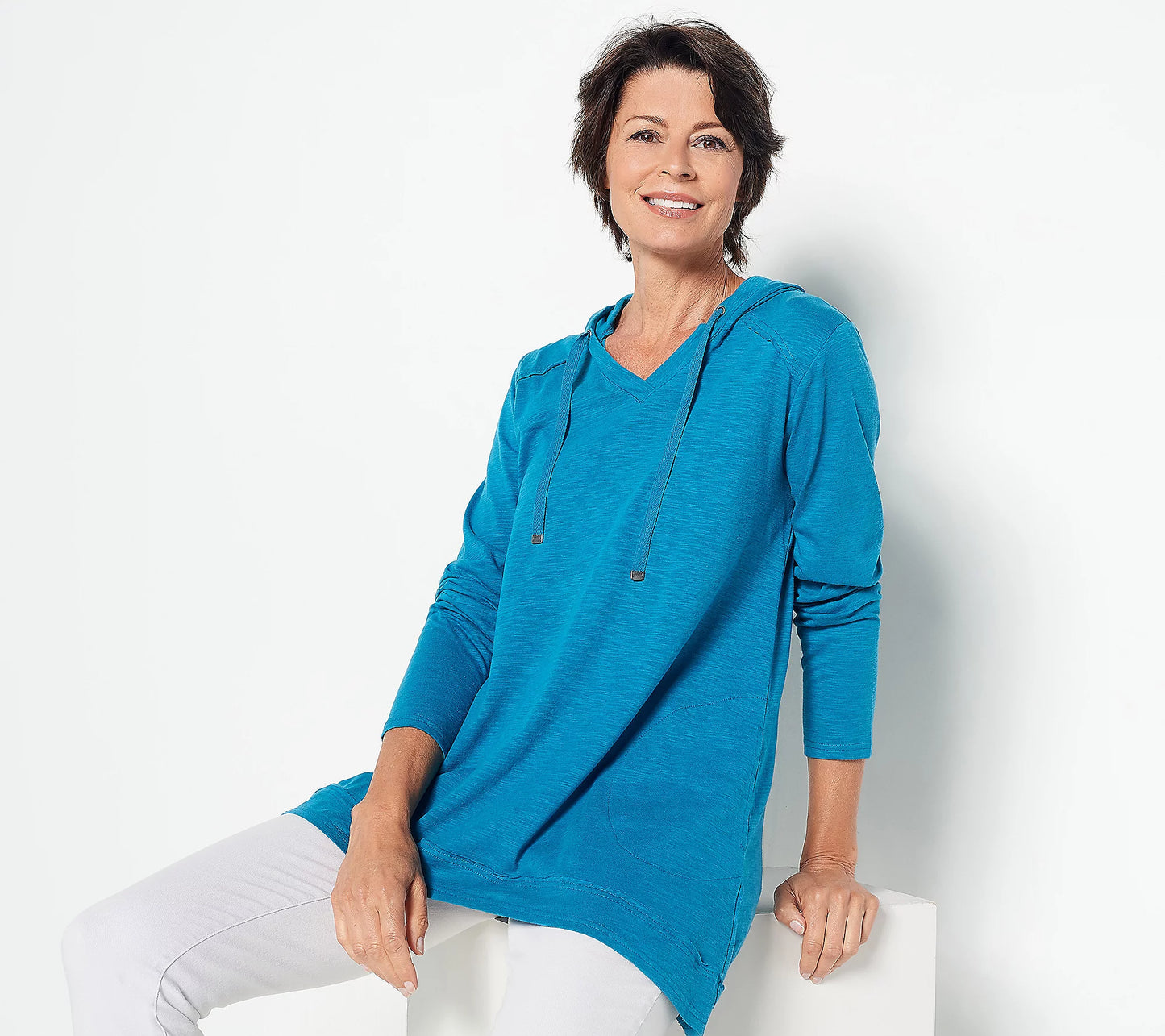 LOGO by Lori Goldstein Women’s Hooded Top with Hi-Low Hem and Back Slit