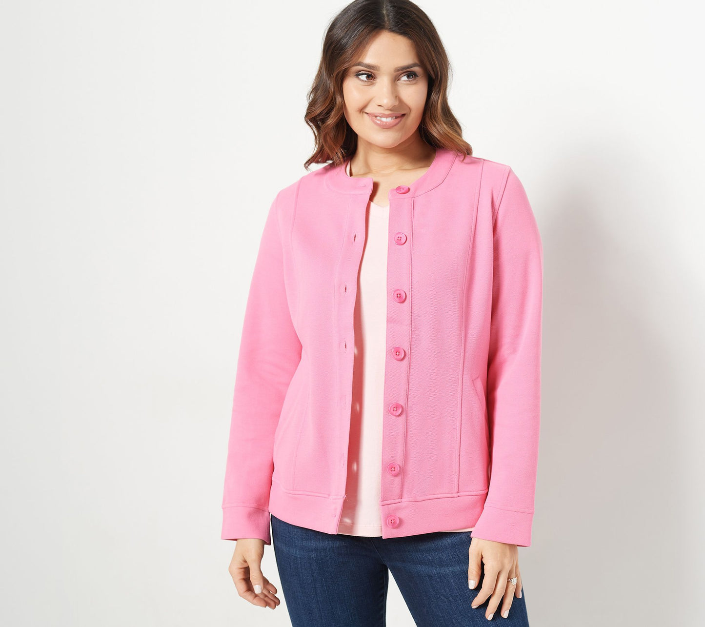 Isaac Mizrahi Live! Women's Plus Pique Button Front Jacket- Pink
