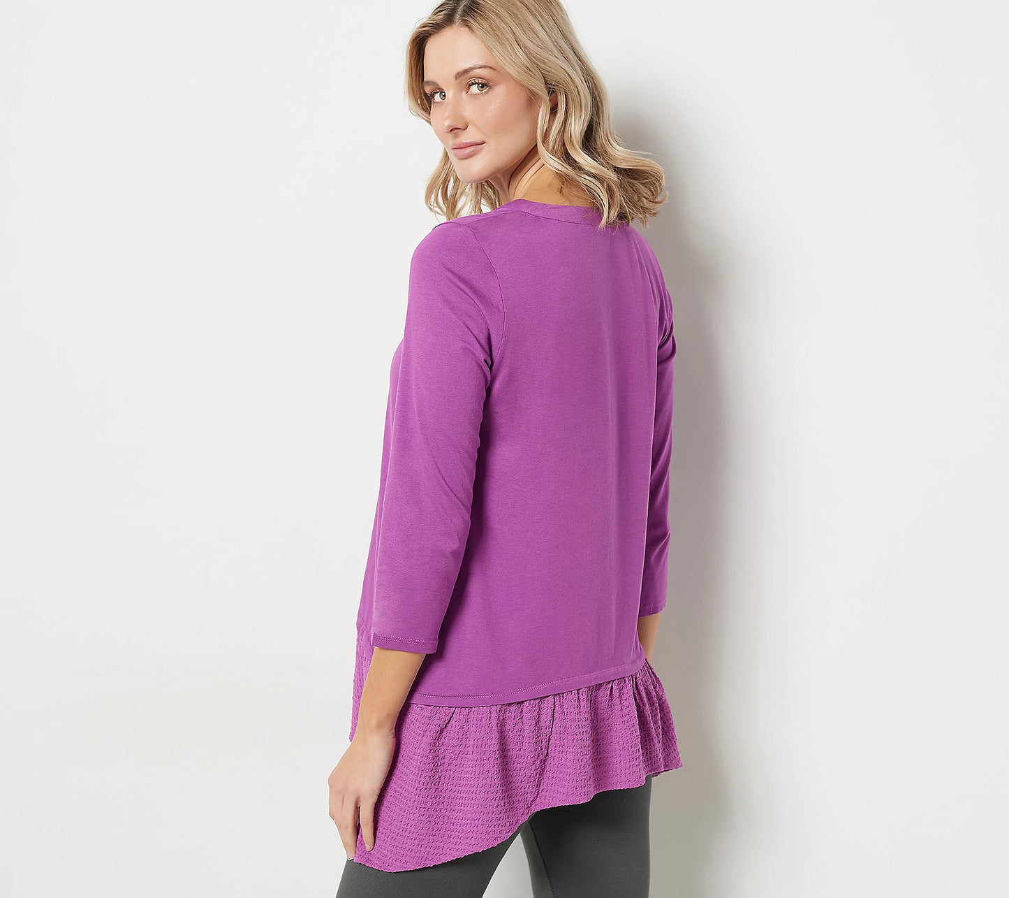 LOGO by Lori Goldstein Women’s Cotton Modal Henley Top with Woven Hem
