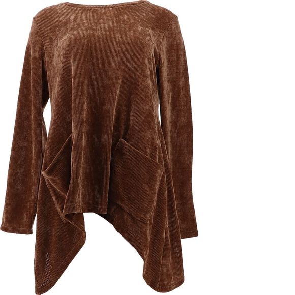 LOGO Lori Goldstein Women's Chenille Sweater Sharkbite Hem - BROWN