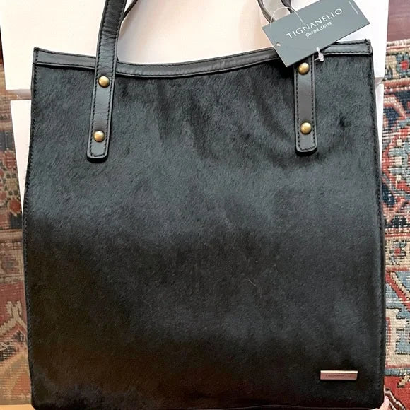 Tignanello Italian Leather and Haircalf Oxford Tote in Black