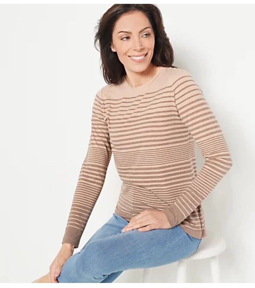Isaac Mizrahi Live! Printed Variegated Stripe Crewneck Top Brown XXSmall A466934