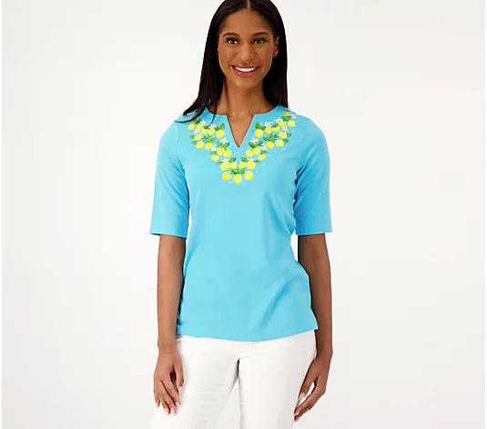 Quacker Factory Fresh Picked Split Neck Elbow Sleeve Top