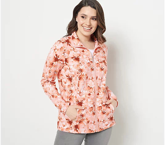 Denim & Co. Women’s Active Printed French Terry Zip Front Sleeve Jacket