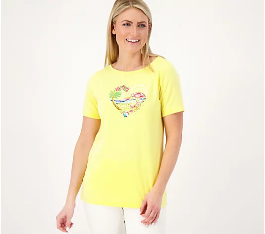Quacker Factory Women’s Heart Scene Boat Neck Short Sleeve Top