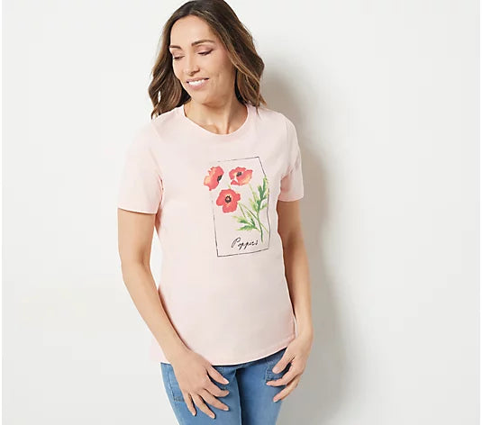 Denim & Co. Women’s Printed Perfect Jersey Crew Neck Short Sleeve Top