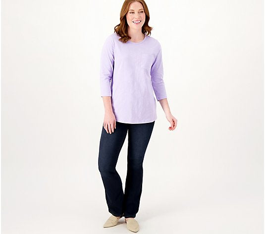 Denim & Co. Women’s Textured Knit Round Neck 3/4 Sleeve Curved Hem Top