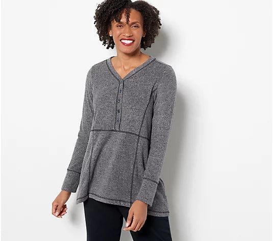 LOGO Lori Goldstein Brushed Sweater Knit Henley Top V NEW A469704