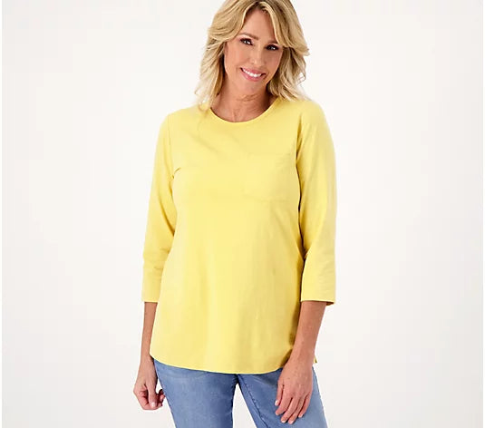 Denim & Co. Women’s Textured Knit Round Neck 3/4 Sleeve Curved Hem Top