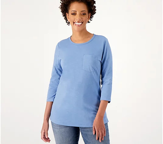 Denim & Co. Women’s Textured Knit Round Neck 3/4 Sleeve Curved Hem Top